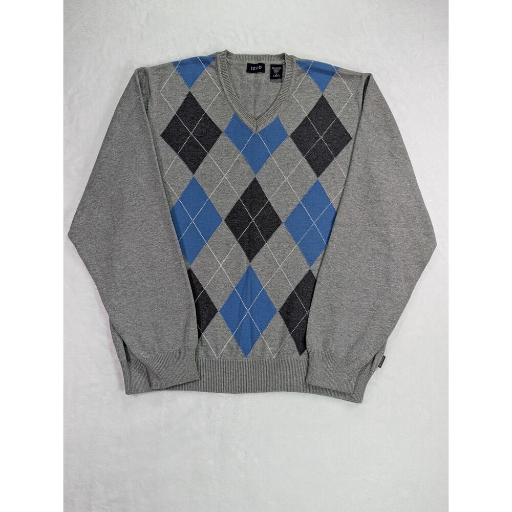 IZOD Men's Large 100% Cotton Gray, Blue, Black Argyle V-Neck Sweater VTG